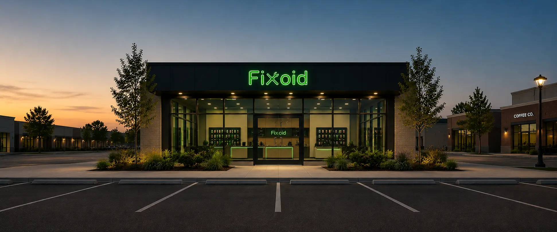 Fixoid storefront exterior at dusk with illuminated green logo sign