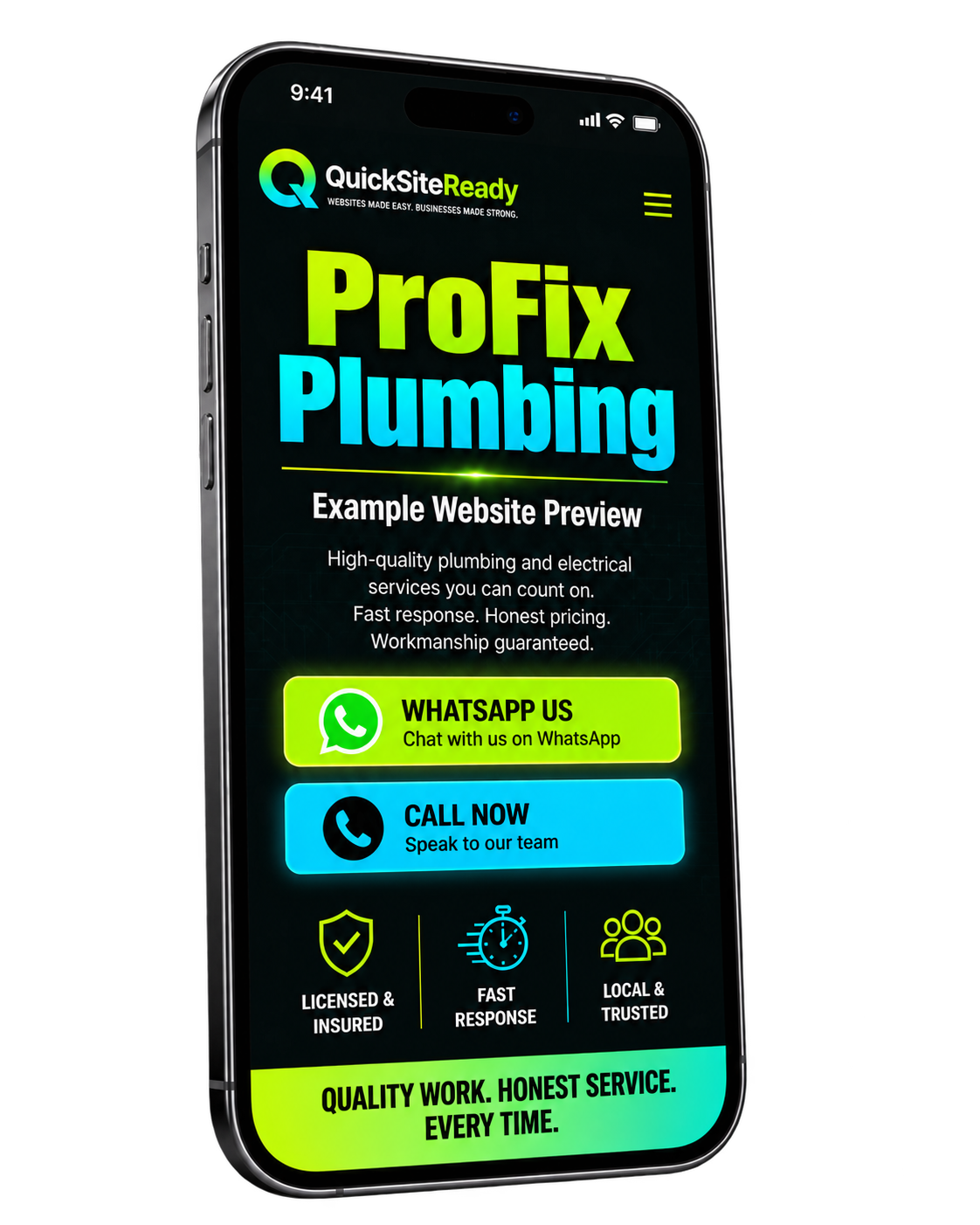 QuickSiteReady sample tradesperson website on mobile