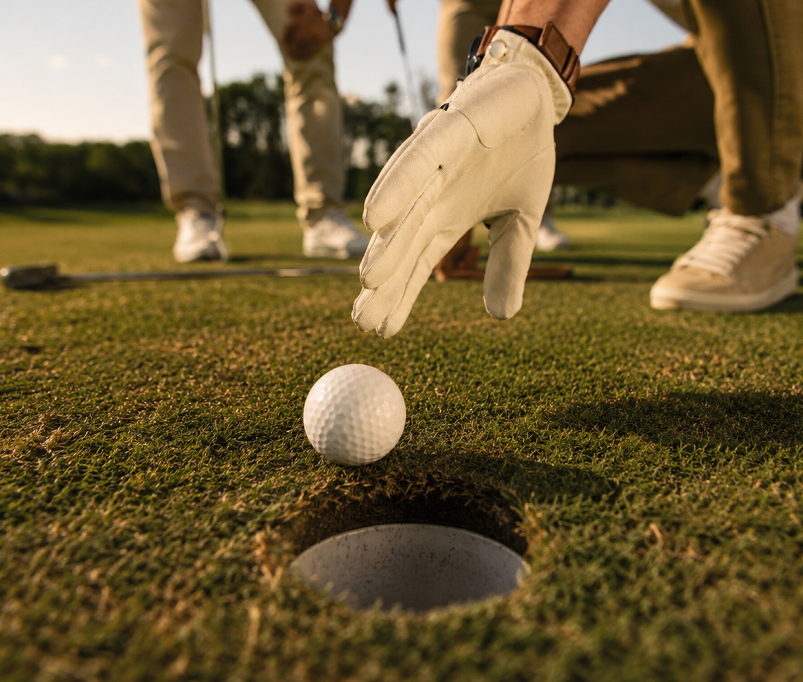 Golfer placing a ball on the green near the hole