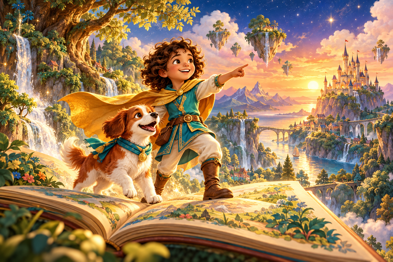 A child hero and loyal dog sidekick leap from an open storybook into a colorful magical world