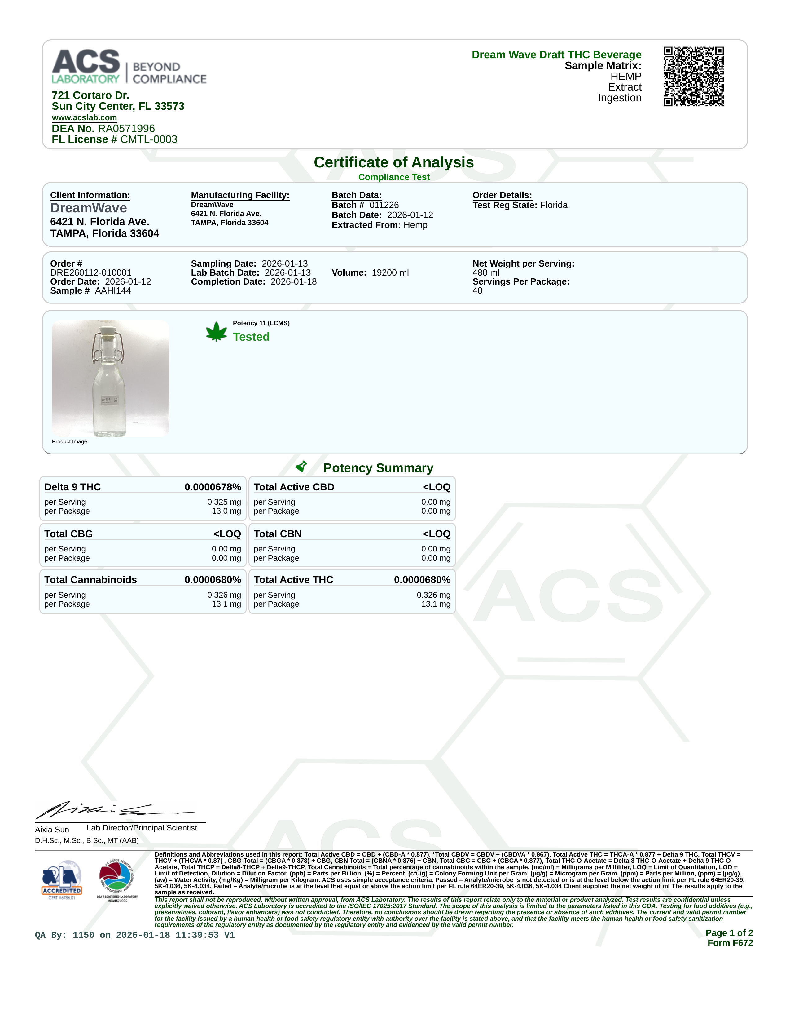 DREAMWAVE Certificate of Analysis — DW-COA-01