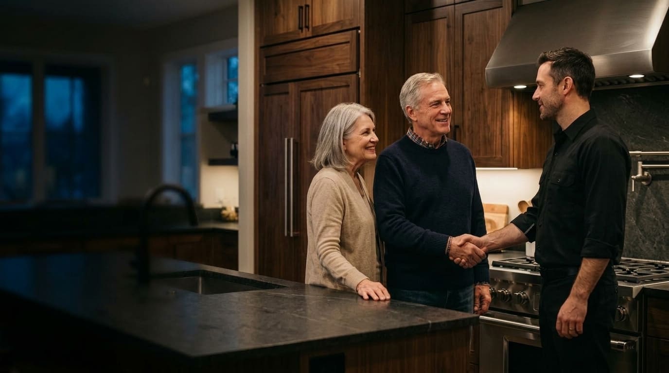 Technician with homeowners in their kitchen