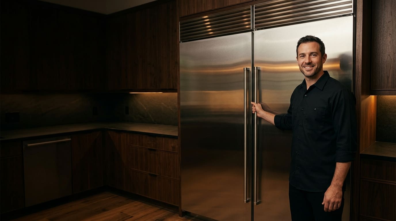 Technician beside a built-in side-by-side refrigerator
