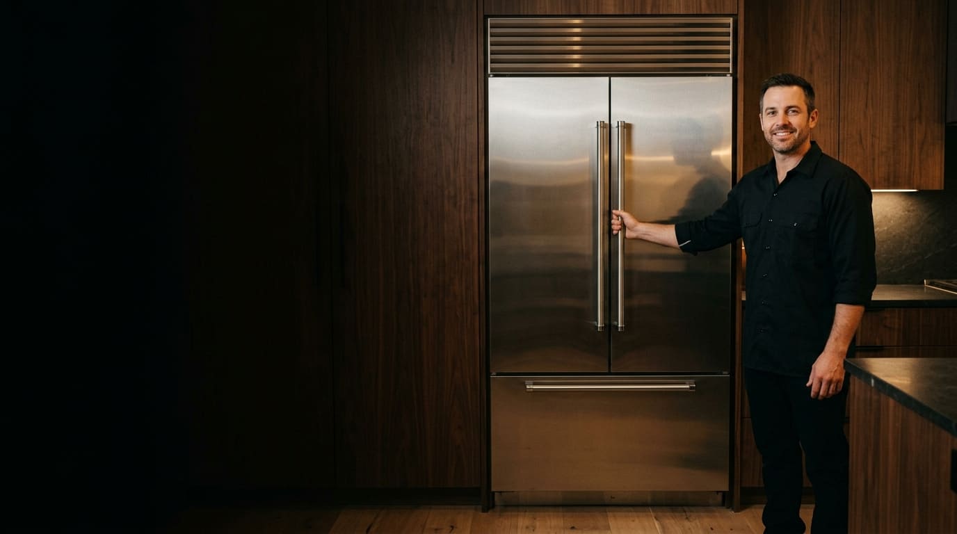 Technician beside a built-in side-by-side refrigerator