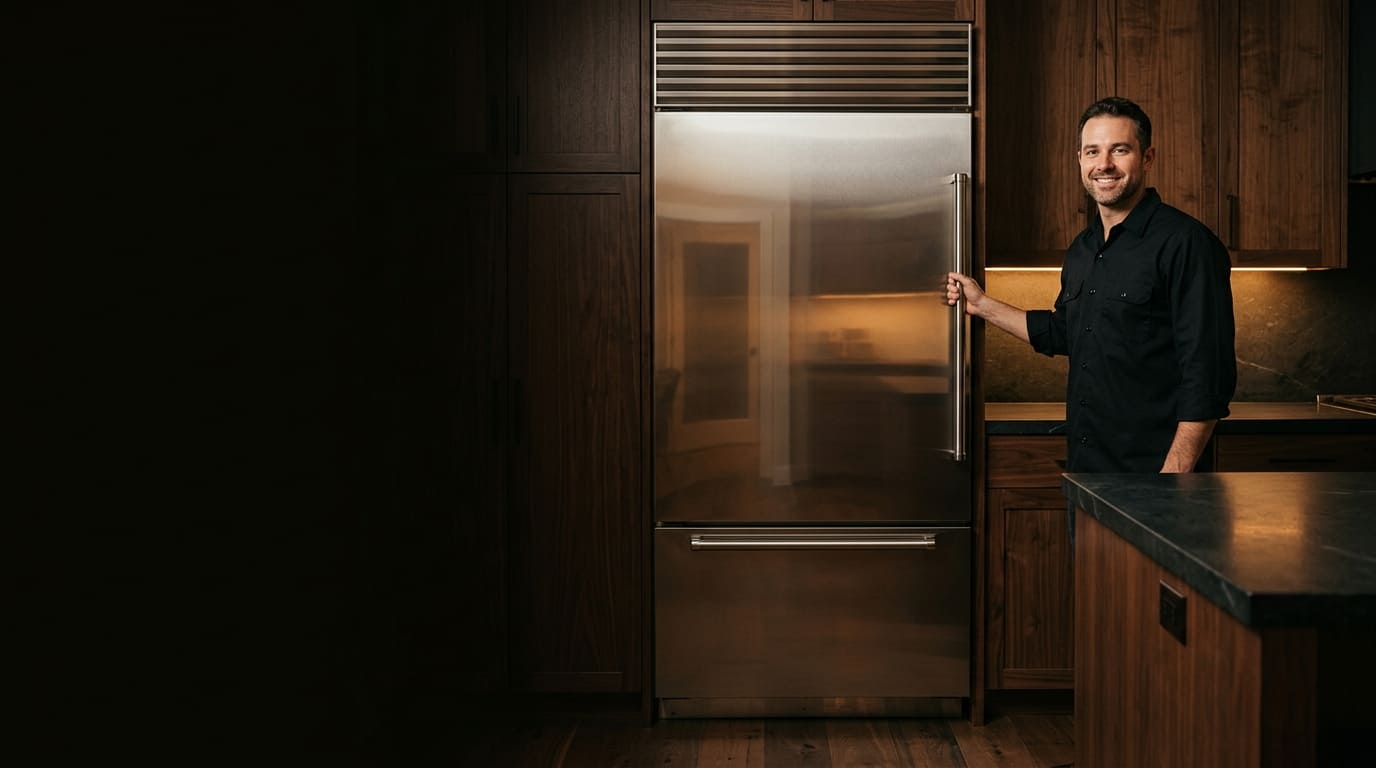 Technician beside a built-in side-by-side refrigerator