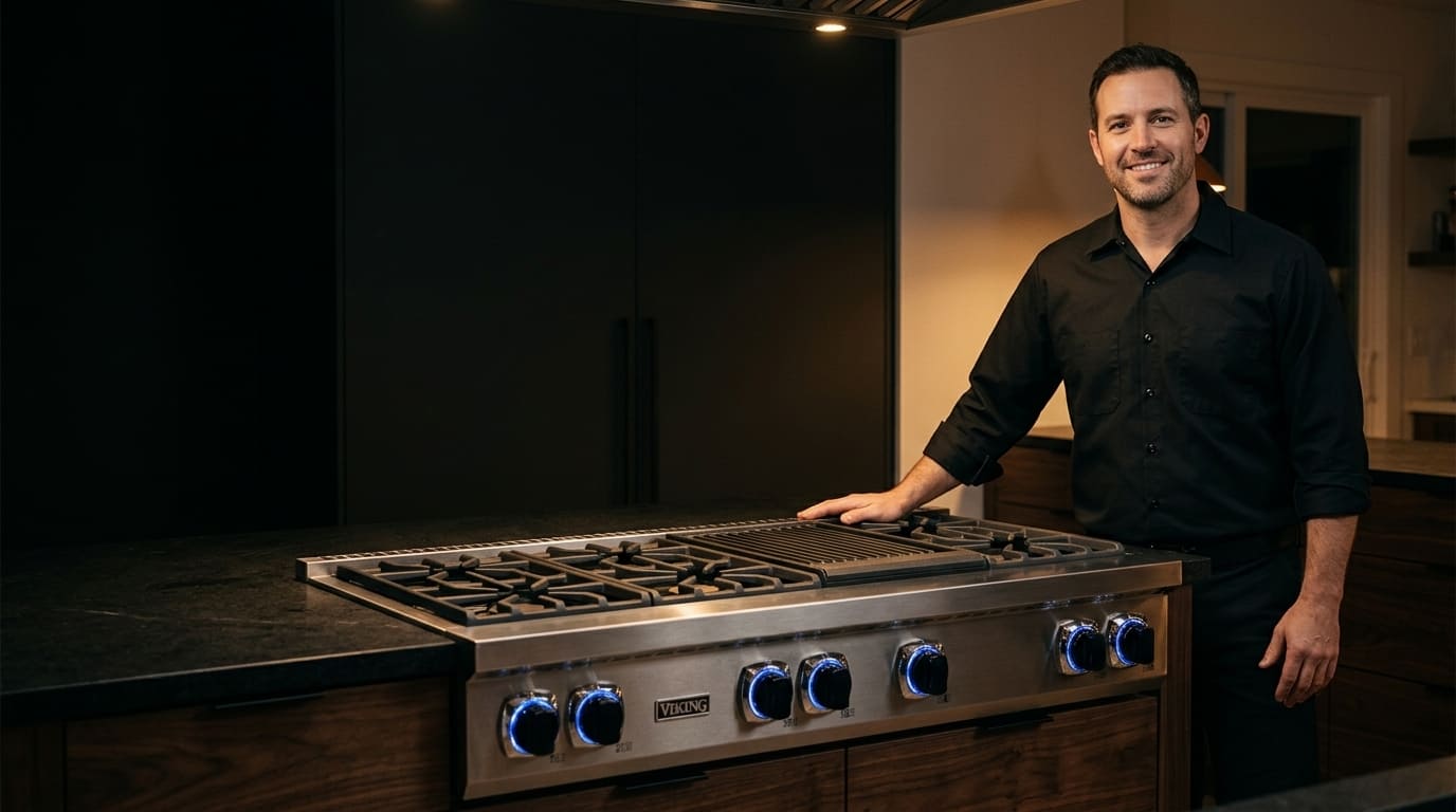 Technician beside a built-in side-by-side refrigerator