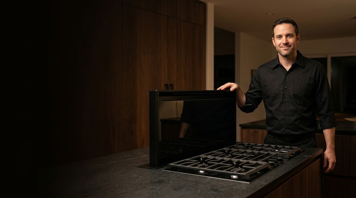 Technician beside a built-in side-by-side refrigerator