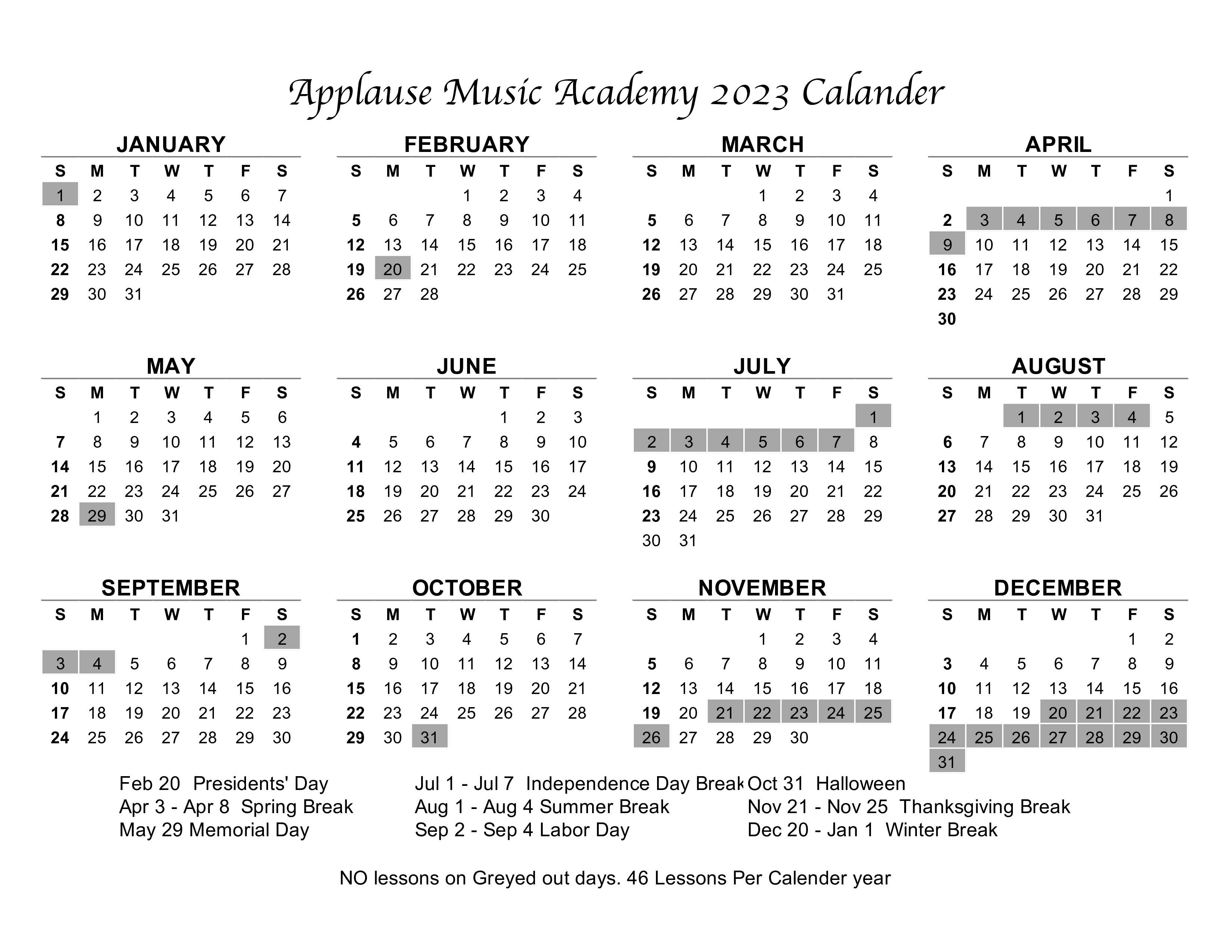 calendar of activities
