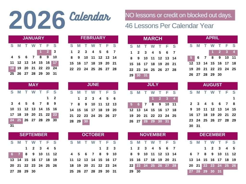 2025 Academy Calendar - blocked out days are closed.