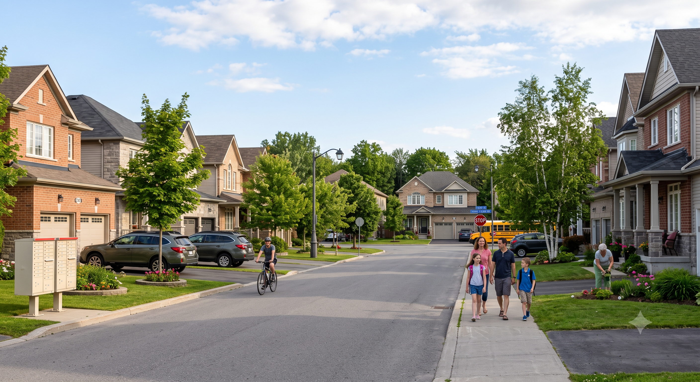 Family walking through a tree-lined Stittsville, Ottawa neighbourhood with detached homes