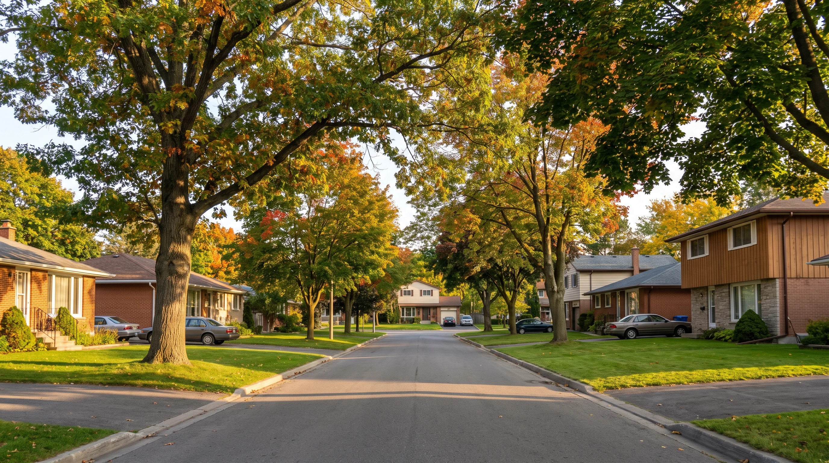 Bungalows and family homes on an established street in Queenswood Heights, Orleans Ottawa
