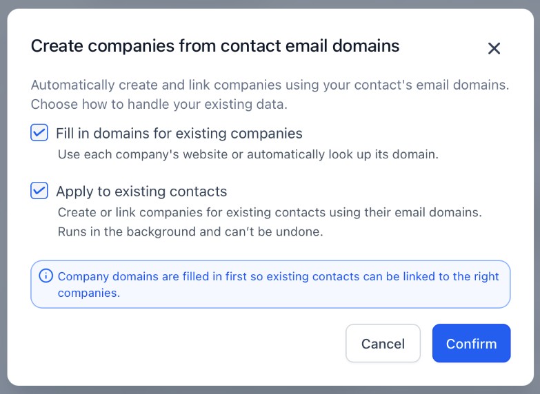 The dialog asking whether to fill in domains for existing companies and apply to existing contacts