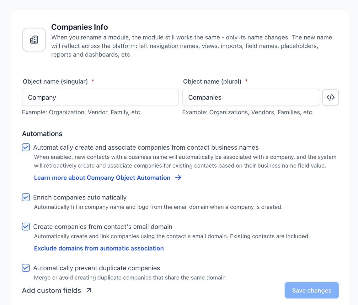 The Companies automations settings with the three new options ticked
