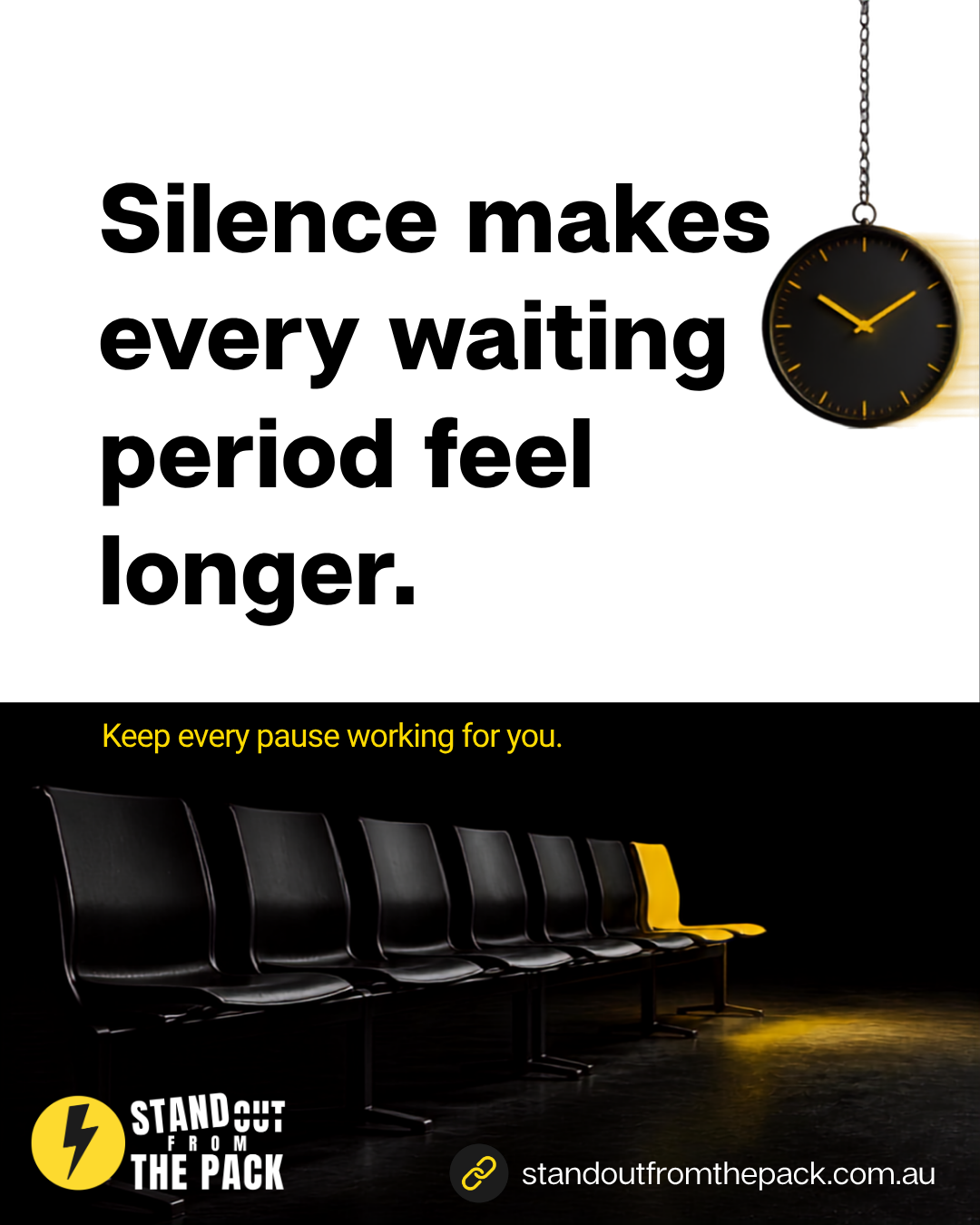 Better Customer Journeys. Silence makes every waiting period feel longer. Keep every pause working for you. A row of waiting room chairs with one yellow chair.