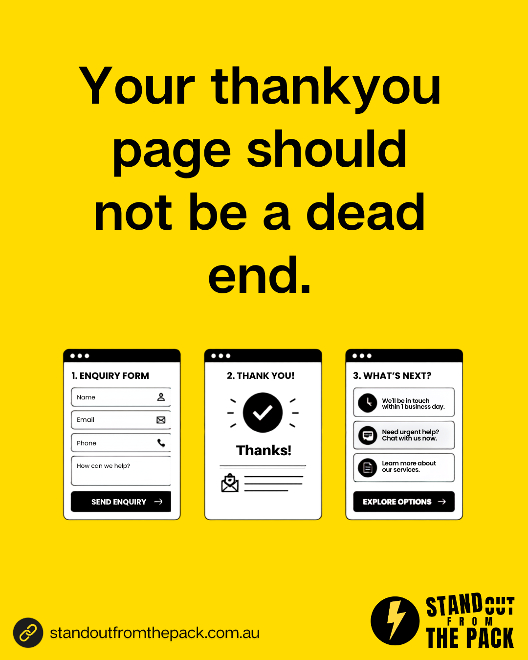 Stop Losing Leads. A thank-you page should confirm the response time, offer a next step and explain what happens next.