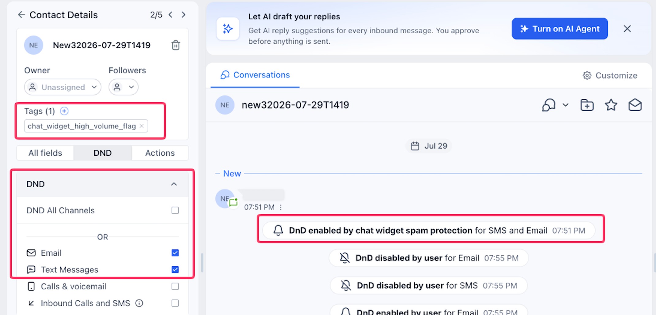 The Spam protection settings in the chat widget builder, switched on, with Tagged plus Both SMS and Email paused selected The Spam protection settings in the chat widget builder, switched on, with Tagged plus Both SMS and Email paused selected