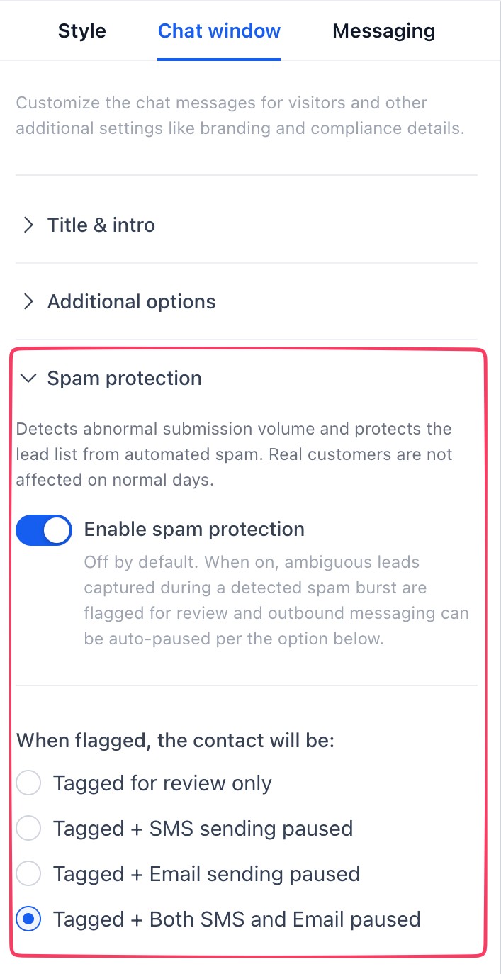 A flagged contact showing the chat_widget_high_volume_flag tag, the DND tab with Email and Text Messages ticked, and the activity note DnD enabled by chat widget spam protection A flagged contact showing the chat_widget_high_volume_flag tag, the DND tab with Email and Text Messages ticked, and the activity note DnD enabled by chat widget spam protection