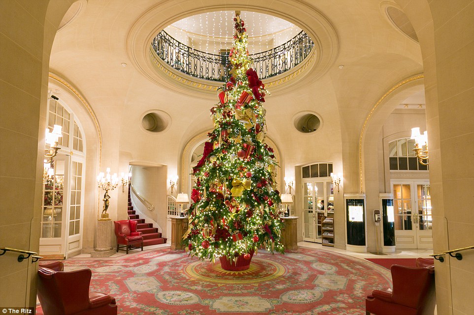 Festive hotel lobby holiday setup with glowing Christmas trees, garlands, twinkling lights, and welcoming seasonal decor.