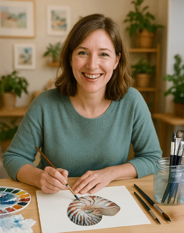 Smiling woman painting a realistic nautilus shell in watercolor with a cozy background