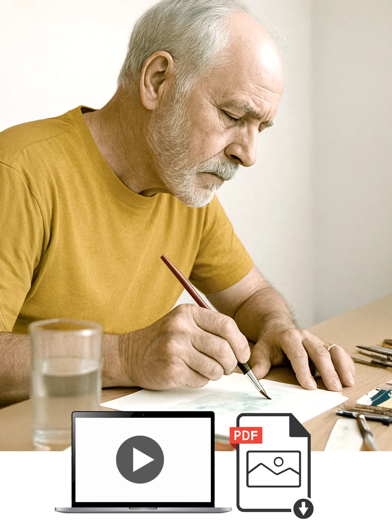 Older man painting calmly using wet-on-wet watercolor technique