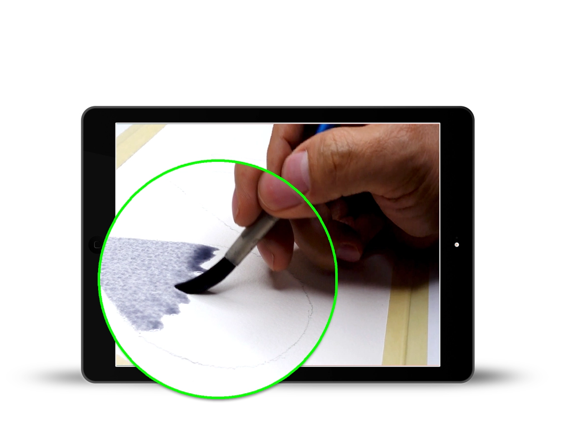 Tablet screen showing a close-up watercolor brushstroke with a green highlight.