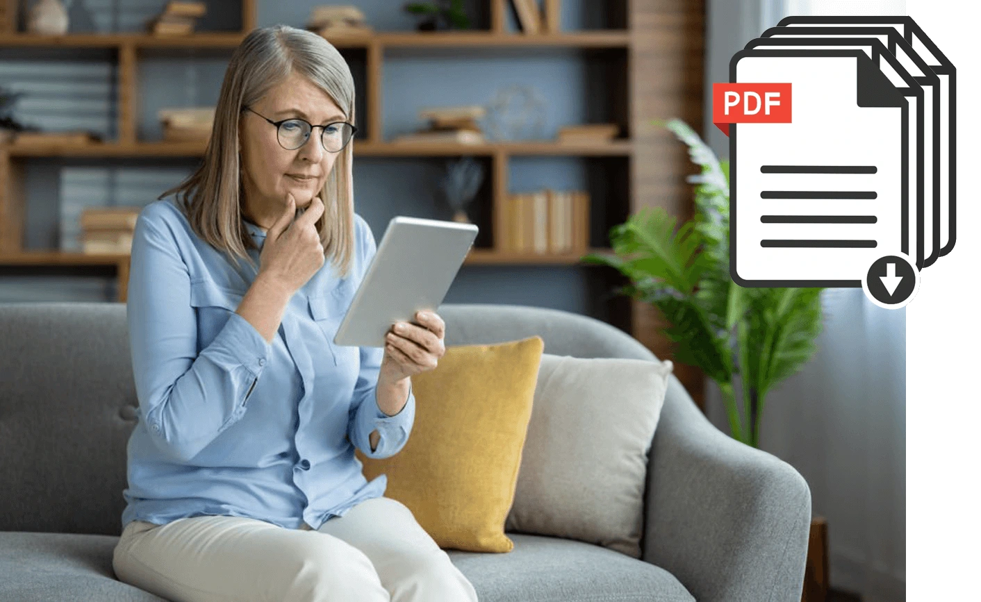Older woman reading a tablet with a large PDF icon, representing expert insights bonus.