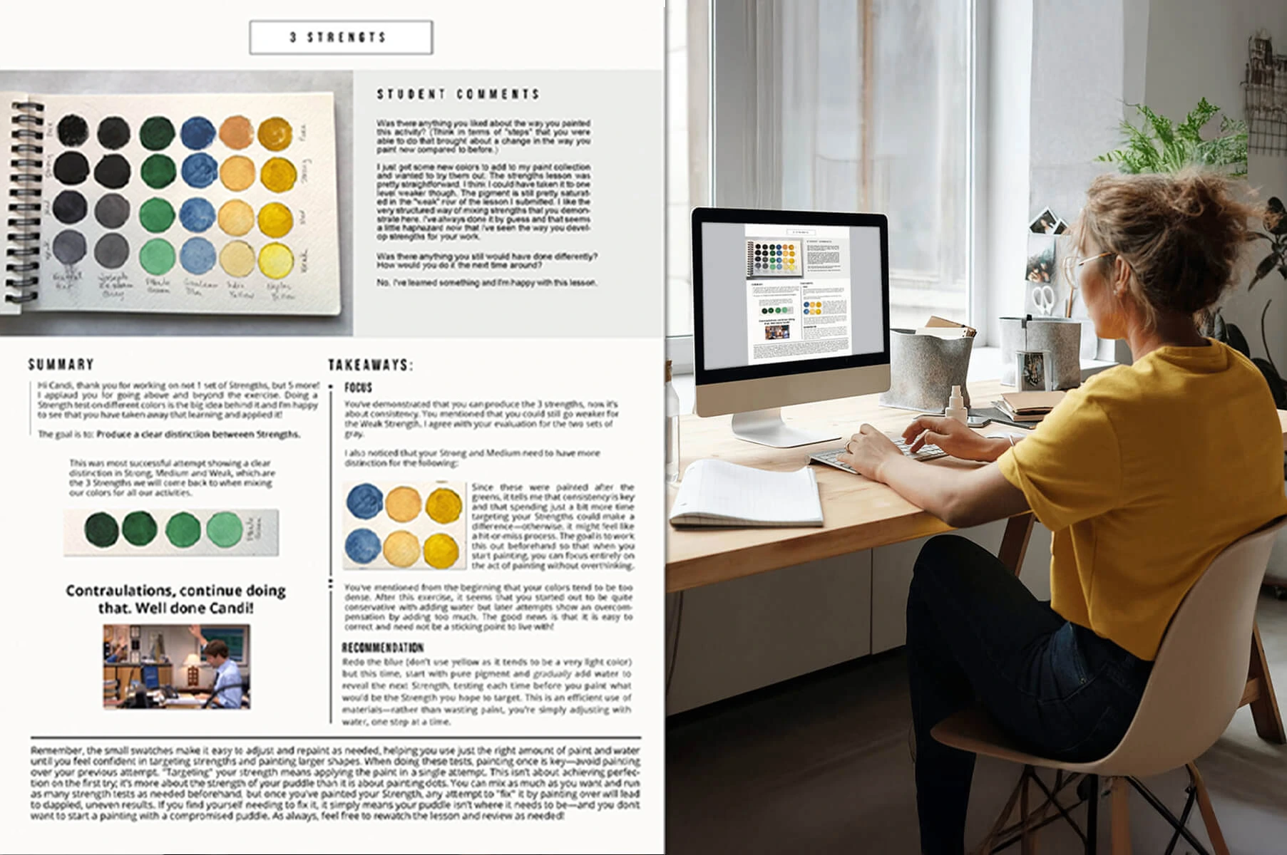 Woman in yellow shirt viewing personalized watercolor feedback on a desktop screen.