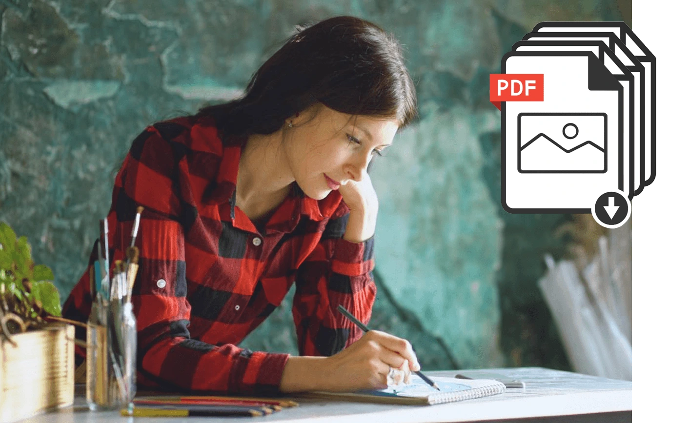 Young woman sketching with colored pencils beside a large PDF icon.