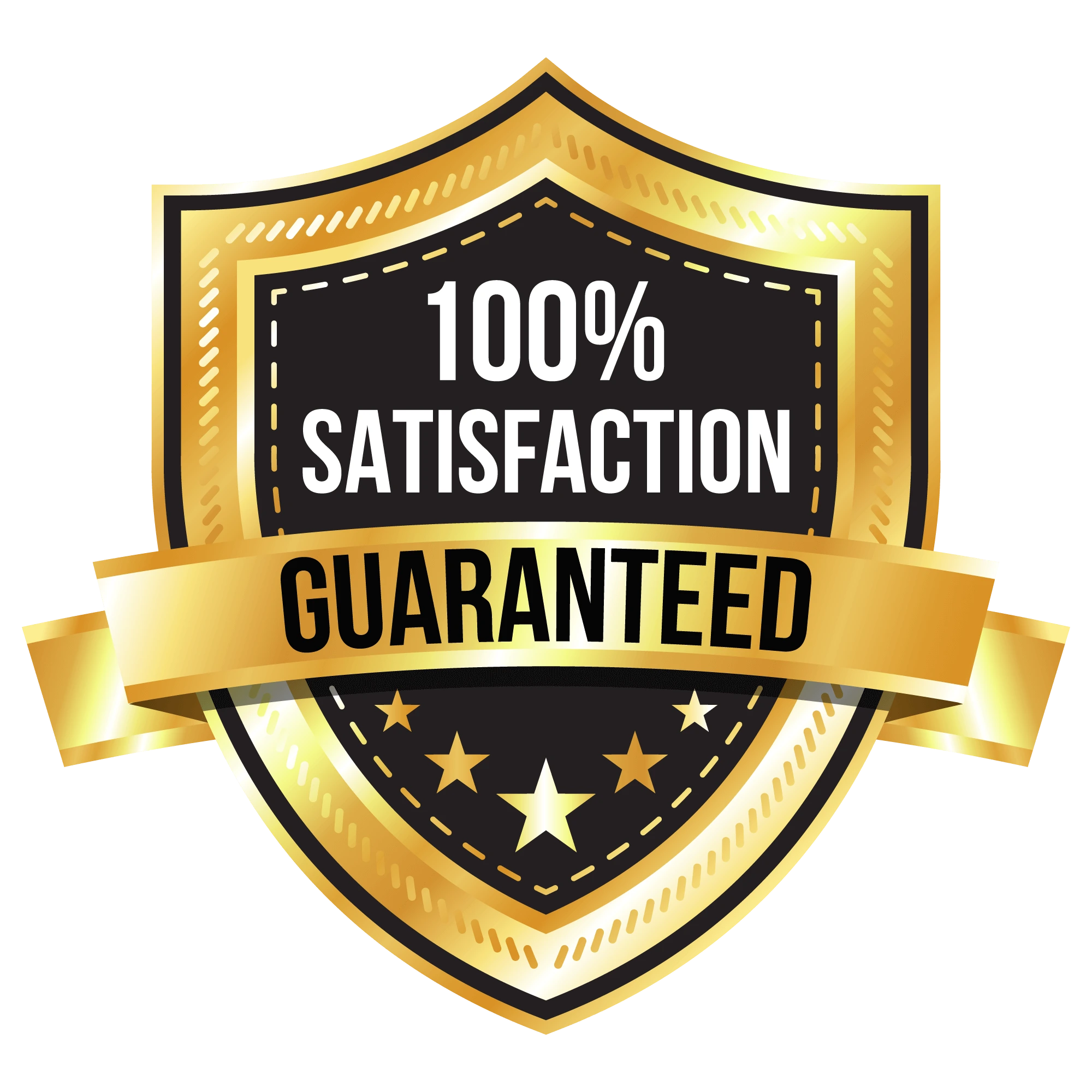 Gold and black shield badge showing 100% satisfaction guarantee.