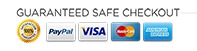 Safe checkout graphic with PayPal, Visa, Mastercard, and American Express icons.