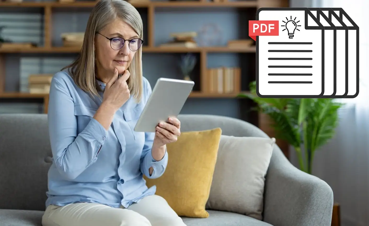 Older woman reading a tablet with a large PDF icon, representing expert insights bonus.
