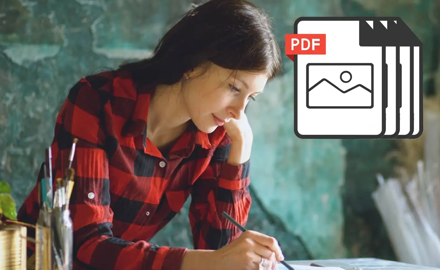 Young woman sketching with colored pencils beside a large PDF icon.