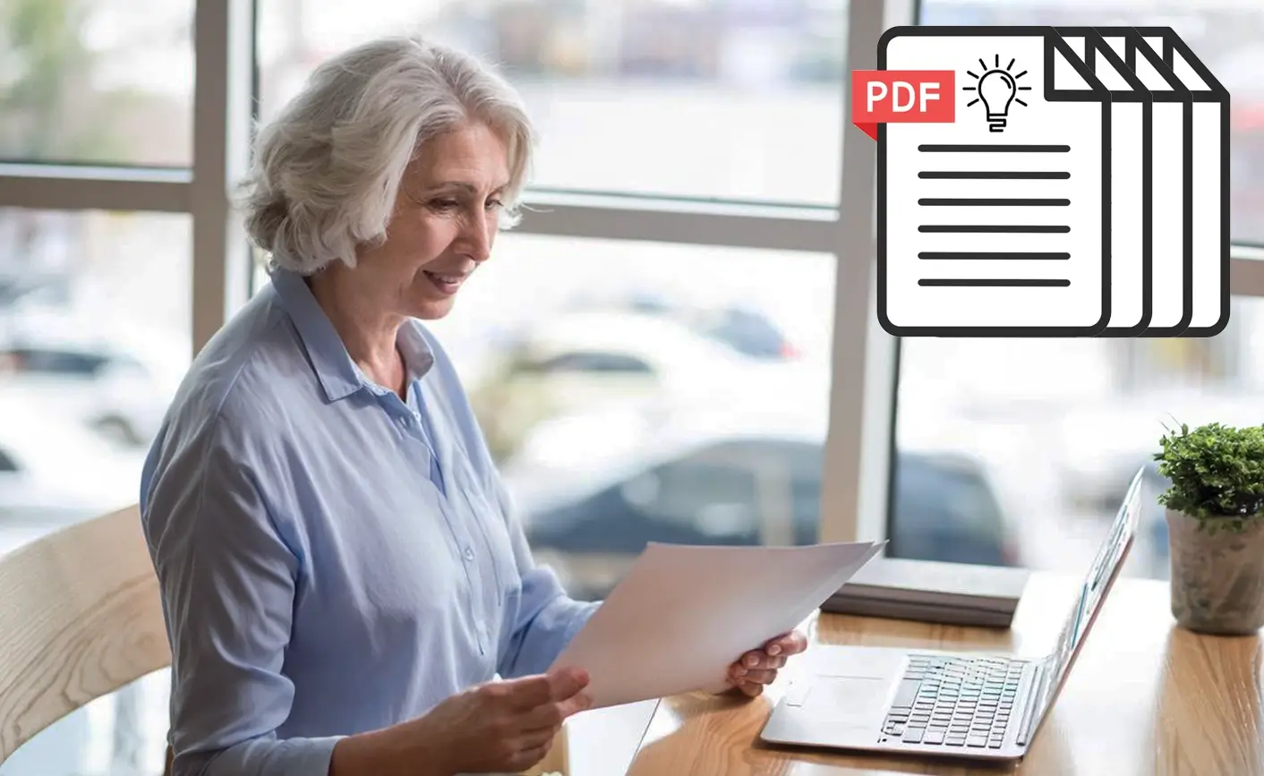 Older woman reading a tablet with a large PDF icon, representing expert insights bonus.
