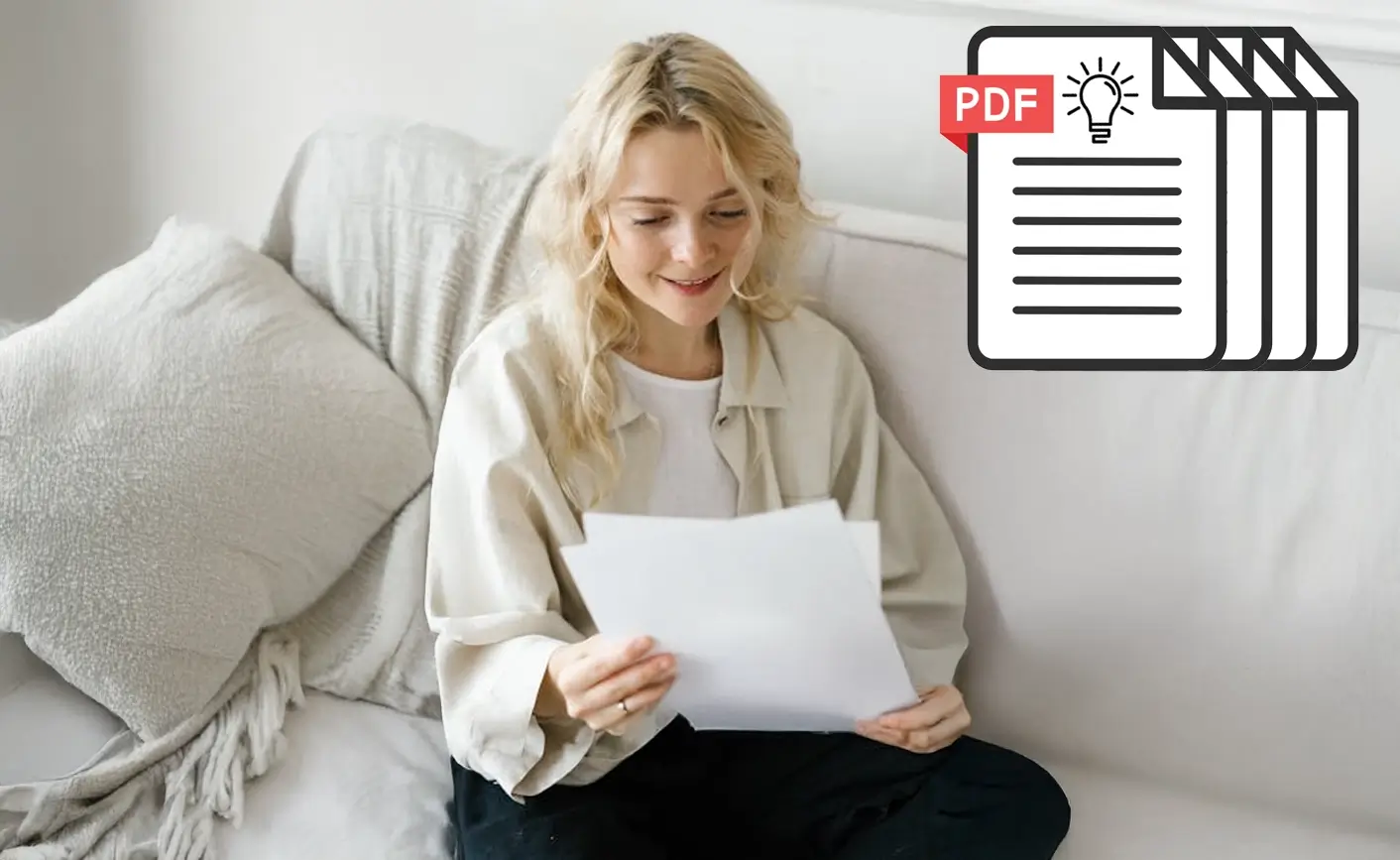 Smiling woman reading printouts from the expert insights bonus PDF included in the watercolor course package