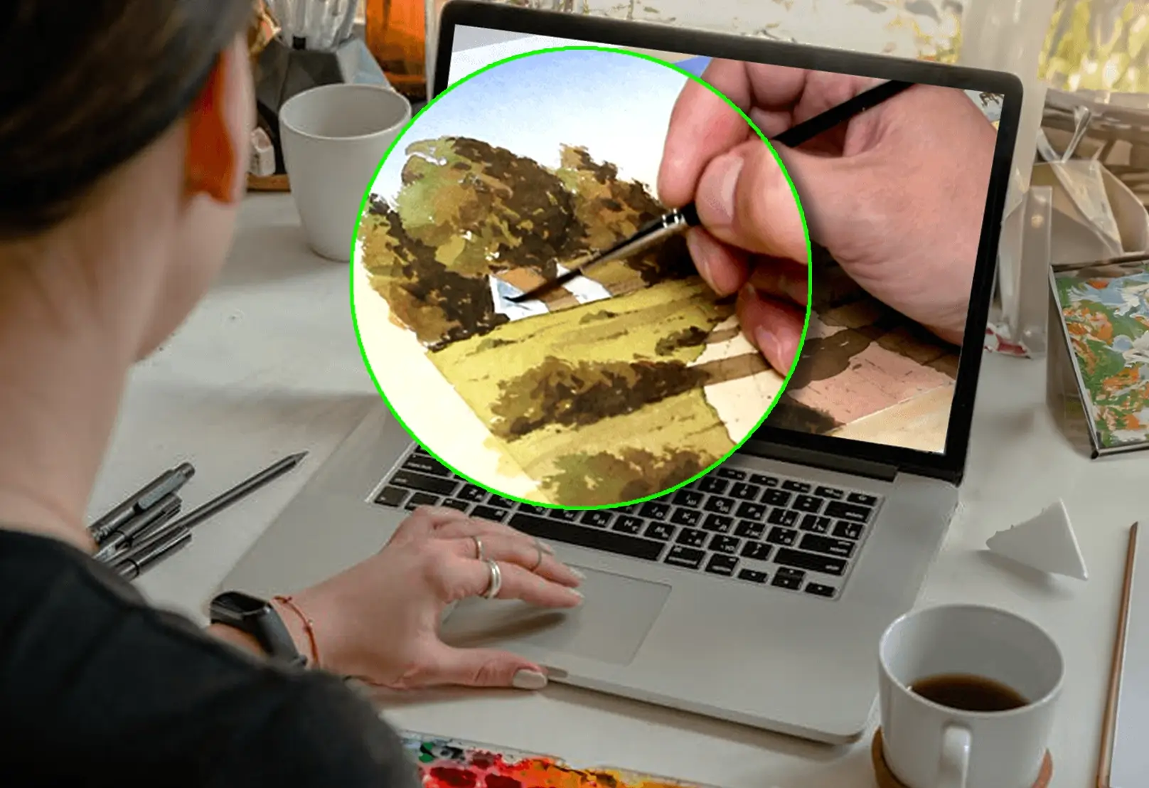 Online watercolor class close-up showing brush technique for painting realistic trees in a landscape tutorial