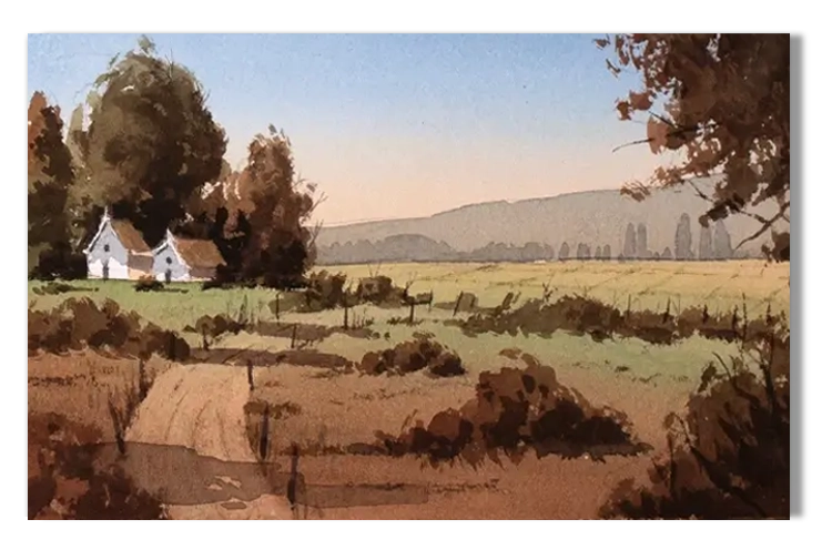 Watercolor course sample: four seasonal landscape paintings — winter, spring, summer, and fall scenes taught in Loose Landscapes
