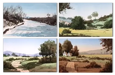 Watercolor course sample: four seasonal landscape paintings — winter, spring, summer, and fall scenes taught in Loose Landscapes