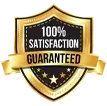 Gold and black shield badge showing 100% satisfaction guarantee.