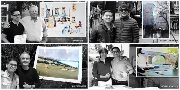 A collage of four black-and-white photos, each featuring broderick wong standing with a different artist in front of their colorful paintings, conveying a collaborative and creative atmosphere.