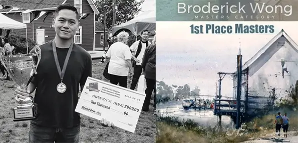 A smiling man holds a trophy and a large check for 200,000 in a celebratory outdoor setting. Text reads "Broderick Wong, 1st Place Masters" with an artistic landscape painting.