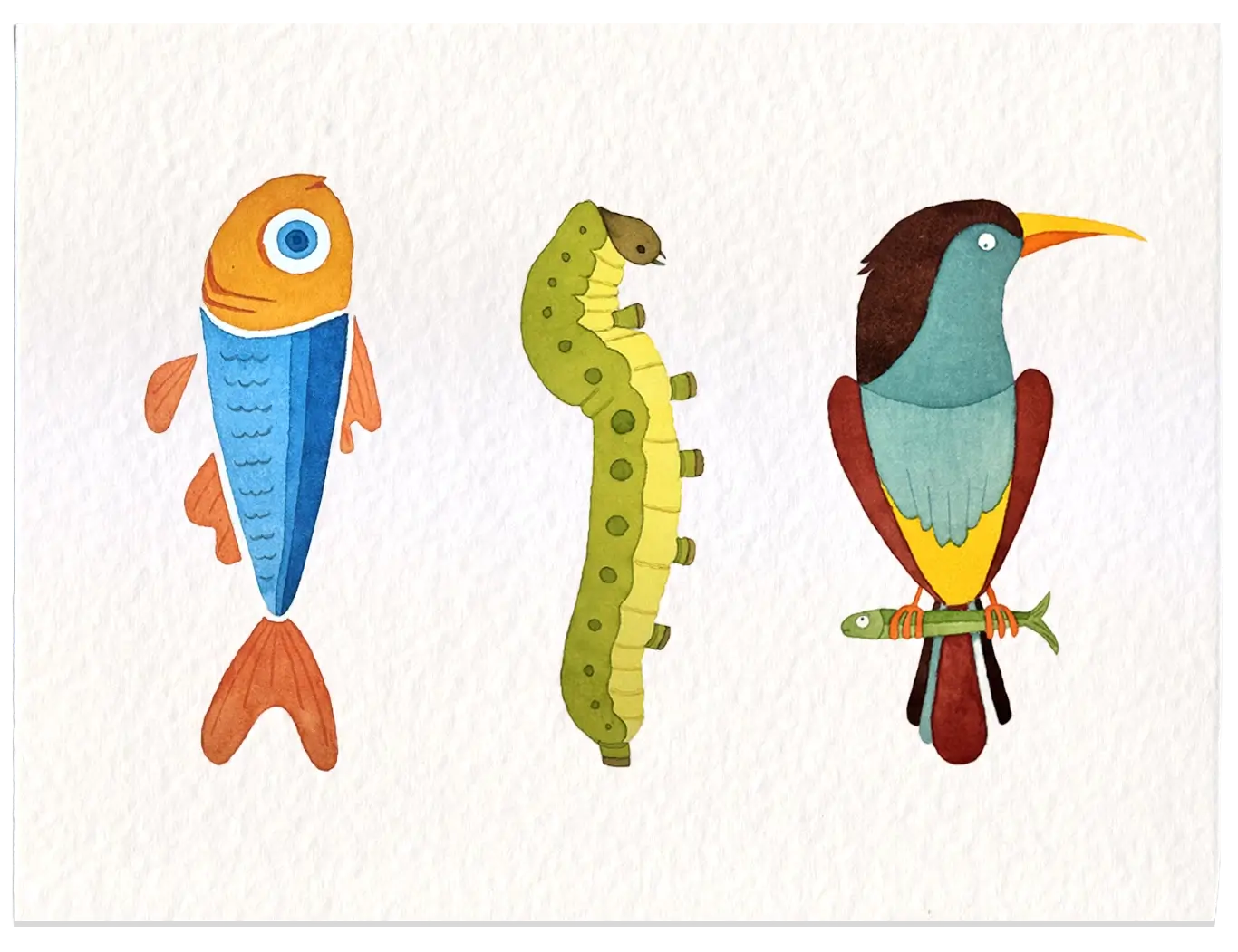 Three stylized animals are illustrated: an orange-blue fish, a green-yellow caterpillar, and a colorful bird holding a fish in its talons.
