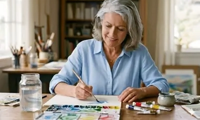 A woman with gray hair smiles while painting with watercolors at a wooden table. Art supplies and paint tubes are scattered around. The setting is serene and bright.