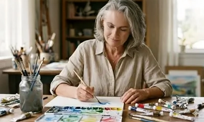 A woman with gray hair paints at a table, surrounded by paint tubes and brushes. The scene conveys creativity and concentration in a bright, cozy room.