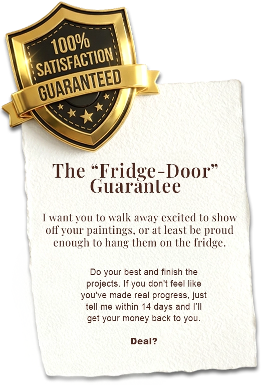 A gold shield with "100% Satisfaction Guaranteed" overlays a white paper. Text below offers a refund if artwork isn't fridge-display worthy in 14 days.