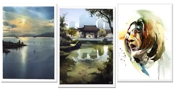 Three watercolor paintings: a serene sunset over a calm sea, a tranquil garden with a pond beside traditional architecture, and an expressive portrait.