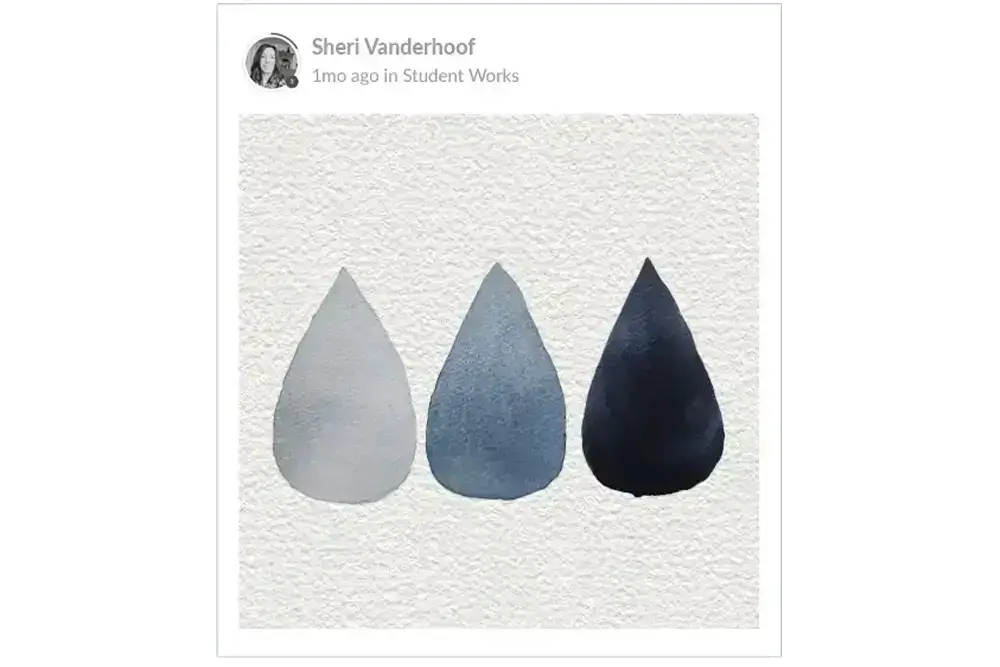 Three watercolor teardrops in gradient shades of gray, blue, and dark navy, displayed on textured white paper, conveying a calm, minimalist tone.