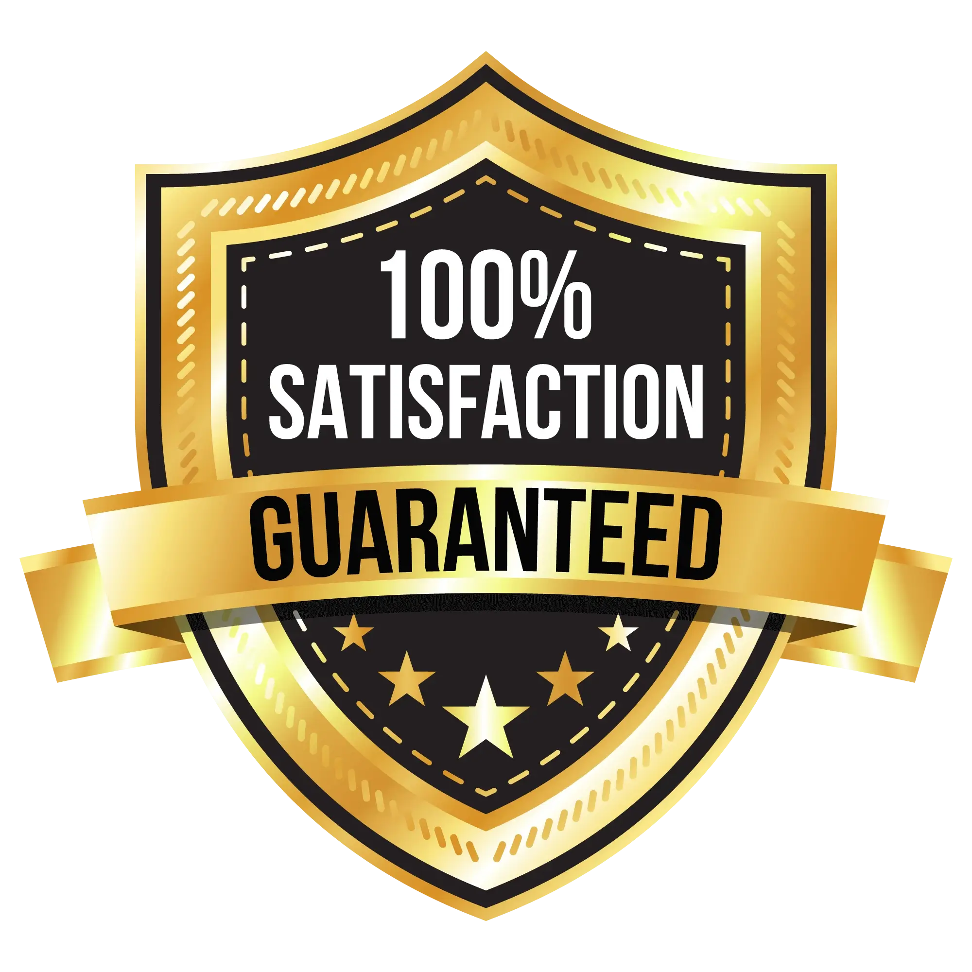 Gold and black shield badge showing 100% satisfaction guarantee.