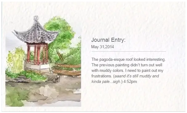 Two watercolor illustrations of traditional Asian pavilions, surrounded by greenery. The left features earthy tones; the right has stylized, abstract trees.