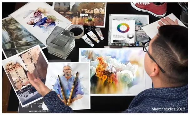 Two watercolor illustrations of traditional Asian pavilions, surrounded by greenery. The left features earthy tones; the right has stylized, abstract trees.