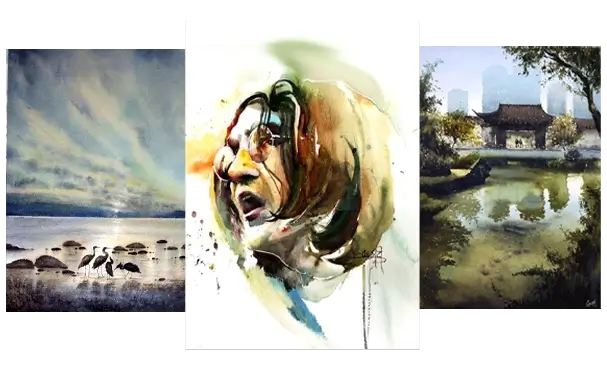 Two watercolor illustrations of traditional Asian pavilions, surrounded by greenery. The left features earthy tones; the right has stylized, abstract trees.